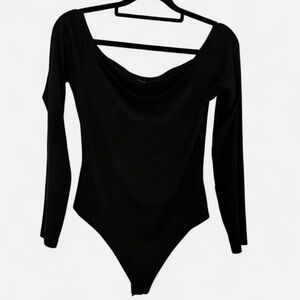American Eagle Black Ribbed Off-the-Shoulder Long Sleeve Bodysuit - Large